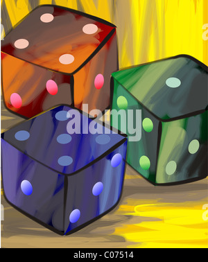 Digital painting of three dices. The artist is feeling the sense of fun in playing games. Stock Photo