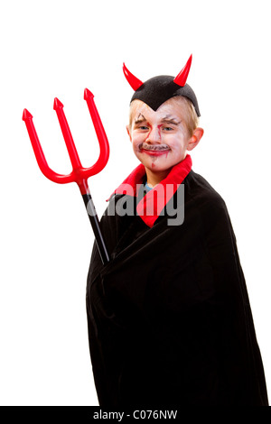 Boy, 6 years old, dressed up as a devil, with trident Stock Photo