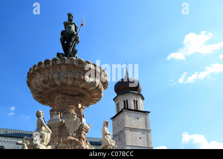Neptune Fountain, in the back the Cathedral of San Vigilio, Piazza del Duomo square, Trento, Trentino-Alto Adige, Italy, Europe Stock Photo