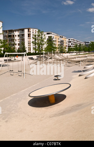 New, large and modern play ground in a new estate, Arnulfpark, Munich, Bavaria, Germany, Europe Stock Photo
