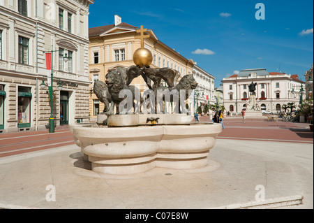 Lion fountain, Klauzal ter, Klaus square, Szeged, Hungary, Europe Stock Photo