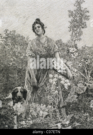 Valencia gardener. Engraving by Diéguez, 1867. Stock Photo