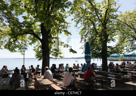 Biergarten in Stegen on Ammersee lake, Fuenfseenland or Five Lakes region, Upper Bavaria, Bavaria, Germany, Europe Stock Photo