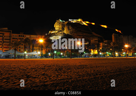 Spain, Alicante at night with castle Stock Photo