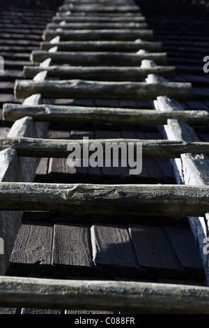 Black shingle roof with wooden ladder. Stock Photo