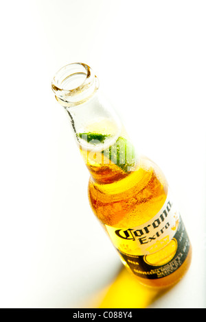 A Bottle of Corona Beer with a slice of lime on a white background. Stock Photo