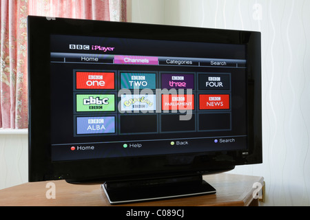 UK, Europe. Flatscreen television showing BBC iPlayer channels on Freesat screen Stock Photo