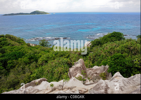 Cousin island, Praslin, Seychelles, Aerial panoramic view on Indian ocean Stock Photo