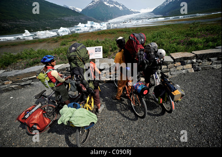 of bicyclists on the trail to Spencer Glacier, Chugach National Forest, Kenai Peninsula, Southcentral Alaska, Summer Stock Photo