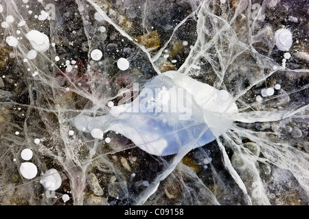 Close up of ice cracks in Nenana River near Denali National Park and Preserve, Interior Alaska, Winter Stock Photo