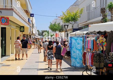 Tourists, shopping street, shops, market stalls, pedestrian zone, Sant Francesc, San Francisco Javier, Formentera, Pityuses Stock Photo