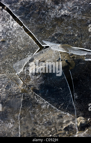 Close up detail of ice  patterns in a frozen meltwater pond caused by a sudden change in water level, Denali Highway, Alaska Stock Photo