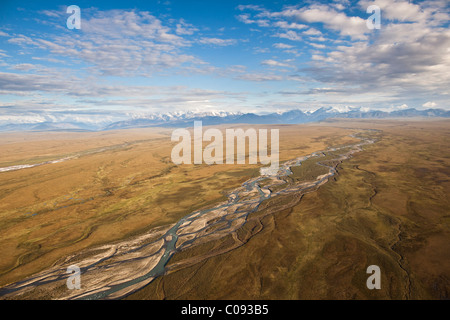 Aerial view of the Okpilak River in the coastal plain of the Arctic National Wildlife Refuge, Arctic Alaska, Summer Stock Photo