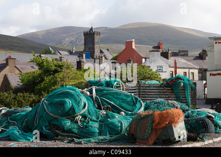 Dingle, fishing nets and town, County Kerry, Ireland, British Isles, Europe Stock Photo