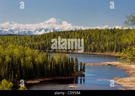 Scenic view of Mt. McKinley and Fish Lake near Talkeetna, Southcentral Alaska, Summer Stock Photo