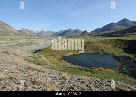 View of the Hulahula River near its source in the Brooks Range, ANWR, Arctic Alaska, Summer Stock Photo