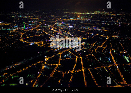 Aerial view, Duisburg at night, Ruhr area, North Rhine-Westphalia, Germany, Europe Stock Photo