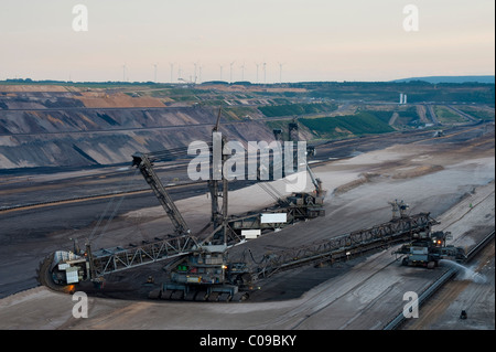 Two bucket-wheel excavators in an open pit, Grevenbroich, North Rhine-Westphalia, Germany, Europe Stock Photo