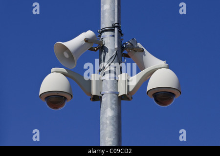 Two 360 degree cameras with two megaphones on a pole, surveillance with option for announcements Stock Photo