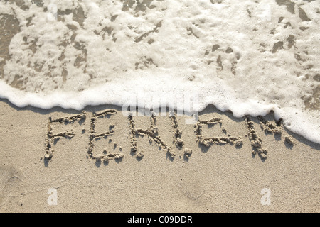 Ferien, German for holiday, written in wet sand being washed away by a wave Stock Photo