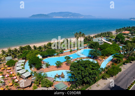 View of the city beach of Nha Trang with swimming pools, Vietnam, Southeast Asia Stock Photo