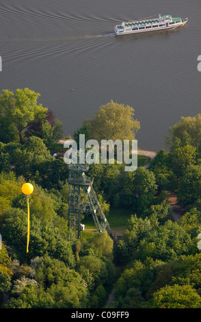 Aerial view, pleasure steamer Carl Funke 2, White Fleet, Baldeneysee lake, Schachtzeichen RUHR.2010 art installation, Essen Stock Photo