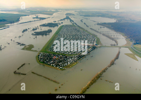 Aerial view, draining off high water, Rhine flood, Kartaeuser camping ground on the Gravinsel island, Wesel, Niederrhein region Stock Photo