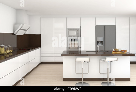 interior design of a modern kitchen in white and brown colors frontal view Stock Photo