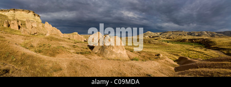 Panorama, stormy atmosphere over tufa landscape with cave dwellings, Cappadocia, Anatolia, Turkey, Asia Stock Photo