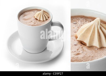 cacao coffee cappuccino  isolated on white piping cup hot creamy lunch dessert  sweet meringue  café  restaurant bar tasty light Stock Photo