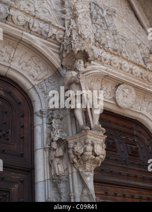 Trumeau statue of Jeronimos Monastery portal in Belem, Lisbon Stock Photo