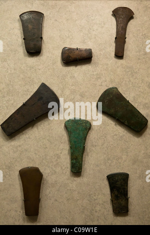 Mixtec Indian bronze tools, axe heads, on display at the National Museum of Anthropology in Mexico City. Stock Photo