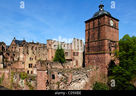 Ruins of the Ruprechtsbau building with the drawbridge building of Heidelberg Castle, destroyed in 1689, view from Stueck-garden Stock Photo