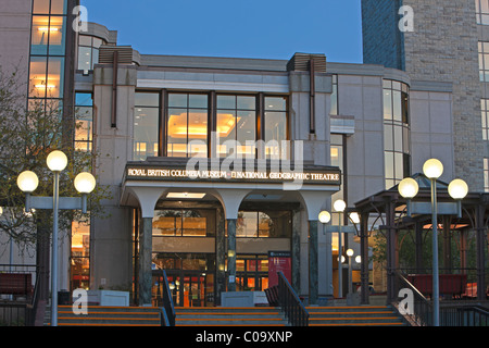 Architecture during twilight at the entrance to the Royal British Columbia Museum / National Geographic Theatre, Victoria Stock Photo