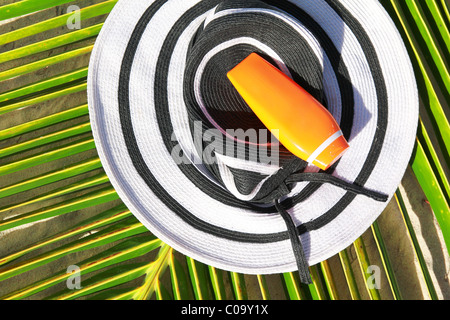 Big summer hat and sun protection cream on a palm leaf, closeup Stock Photo