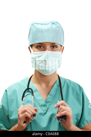 Portrait of a confident female doctor with stethoscope and wearing a mask. Stock Photo