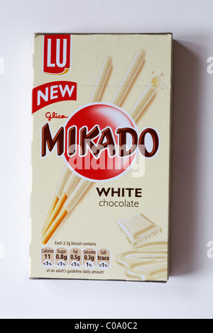 Box of LU new Glico Mikado white chocolate biscuits isolated on white background - Mikado sticks Stock Photo