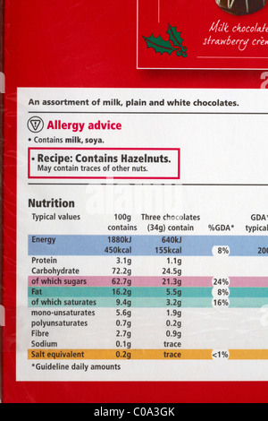 Guideline daily amounts information and allergy advice on the back of a box of an assortment of milk, plain and white chocolates Stock Photo