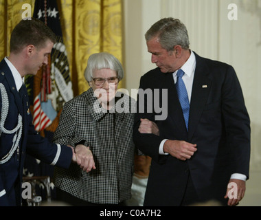 Harper Lee and President George Bush The Presidential Medal of Freedom ceremony held at the East Room in The White House Stock Photo