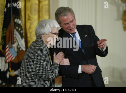 Harper Lee and President George Bush  The Presidential Medal of Freedom ceremony held at the East Room in The White House Stock Photo