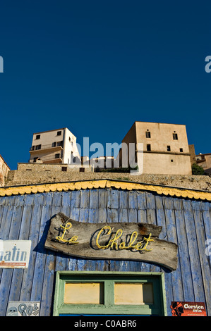 Colourful and weather beaten cafe 'Le Chalet' at Calvi. The Balagne district. Corsica. France Stock Photo