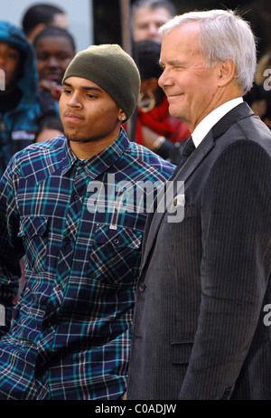 Chris Brown and Tom Brokaw Chris Brown performing live on 'The Today Show Concert Series' at Rockefeller Plaza  New York City, Stock Photo