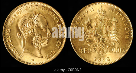 Gold Coin. Austrian - Emperor Franz Joseph. 4 Florins / 10 Franks. 1892 Stock Photo