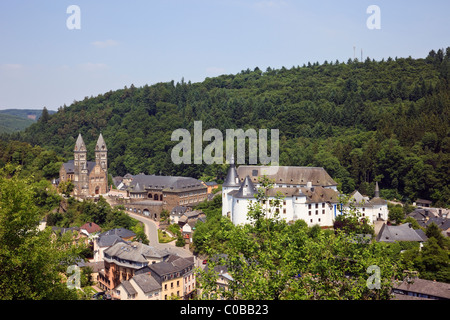 Clervaux, Luxembourg. Castle and Benedictine Abbey in medieval town in Clerve valley in wooded hills and valleys of the Ardennes Stock Photo