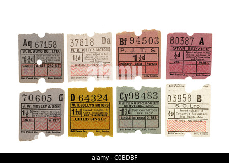Eight one and a half penny and two half penny assorted bus tickets. EDITORIAL ONLY Stock Photo