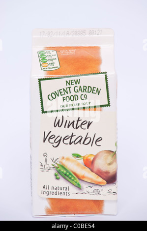 A carton of winter vegetable soup from the new covent garden food co. on a white background Stock Photo