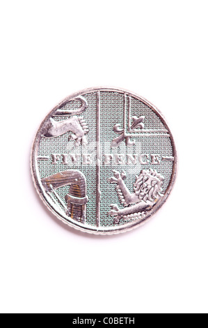 A five pence 5p coin from English currency on a white background Stock Photo