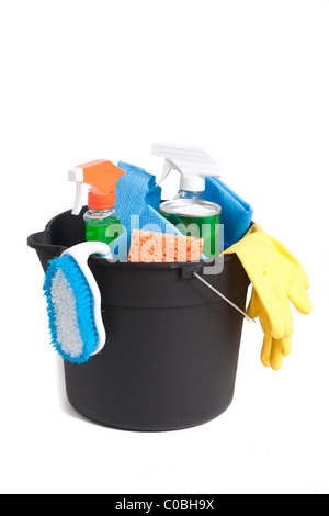 A bucket of cleaning supplies isolated on white Stock Photo - Alamy