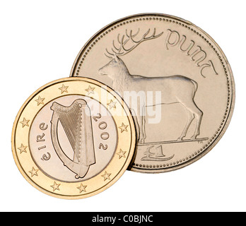 Irish 1 Euro coin from 2002 and pre-Euro 1 Punt Stock Photo