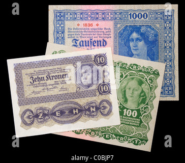 Austro-Hungarian Banknotes from 1922. 10, 100 and 1000 Kronen / Crowns Stock Photo